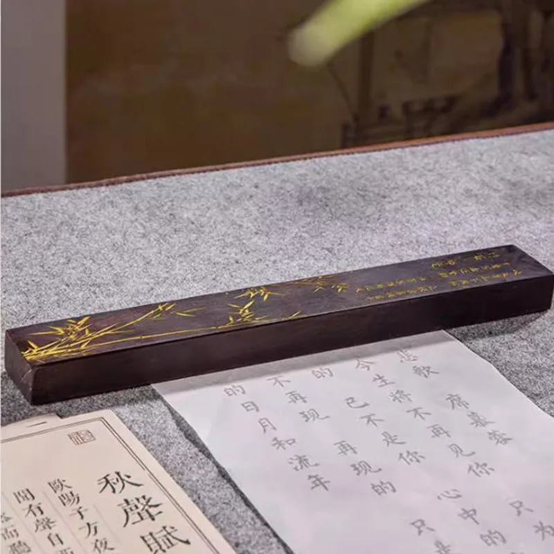 1 Pair Chinese Style Wood Carved Paperweights Gold Painting Calligraphy Brush Holder Students Desk Decor Gift