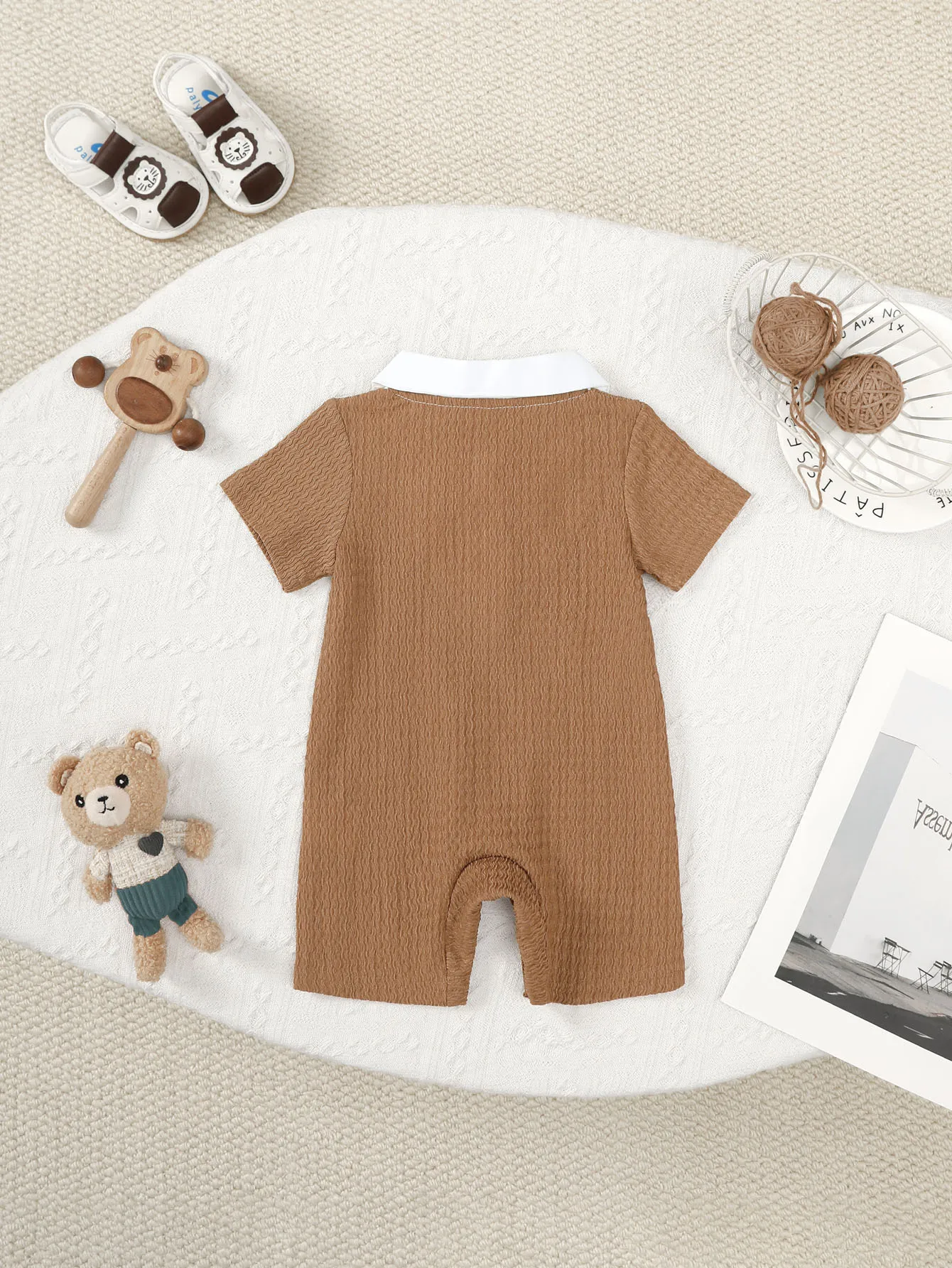 0-18 Month Baby Boy Bodysuit Collar Bow Color Blocking, Cute Little Bear Jumpsuit Summer Newborn Baby Boy Short Sleeved Jumpsuit