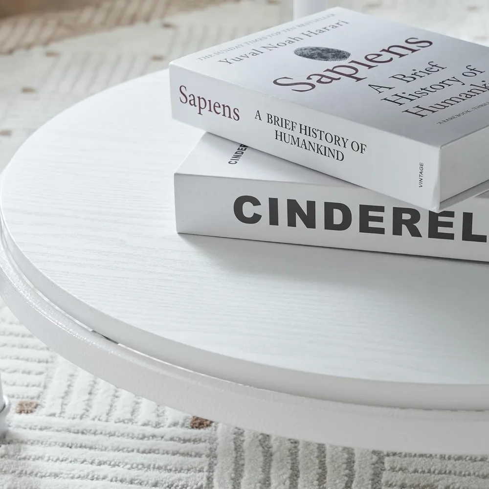 Mesa de centro de granja redonda blanca de roble rústico 25,6, mesa decorativa circular central de madera de almacenamiento de 2 niveles para sala de estar, dormitorio