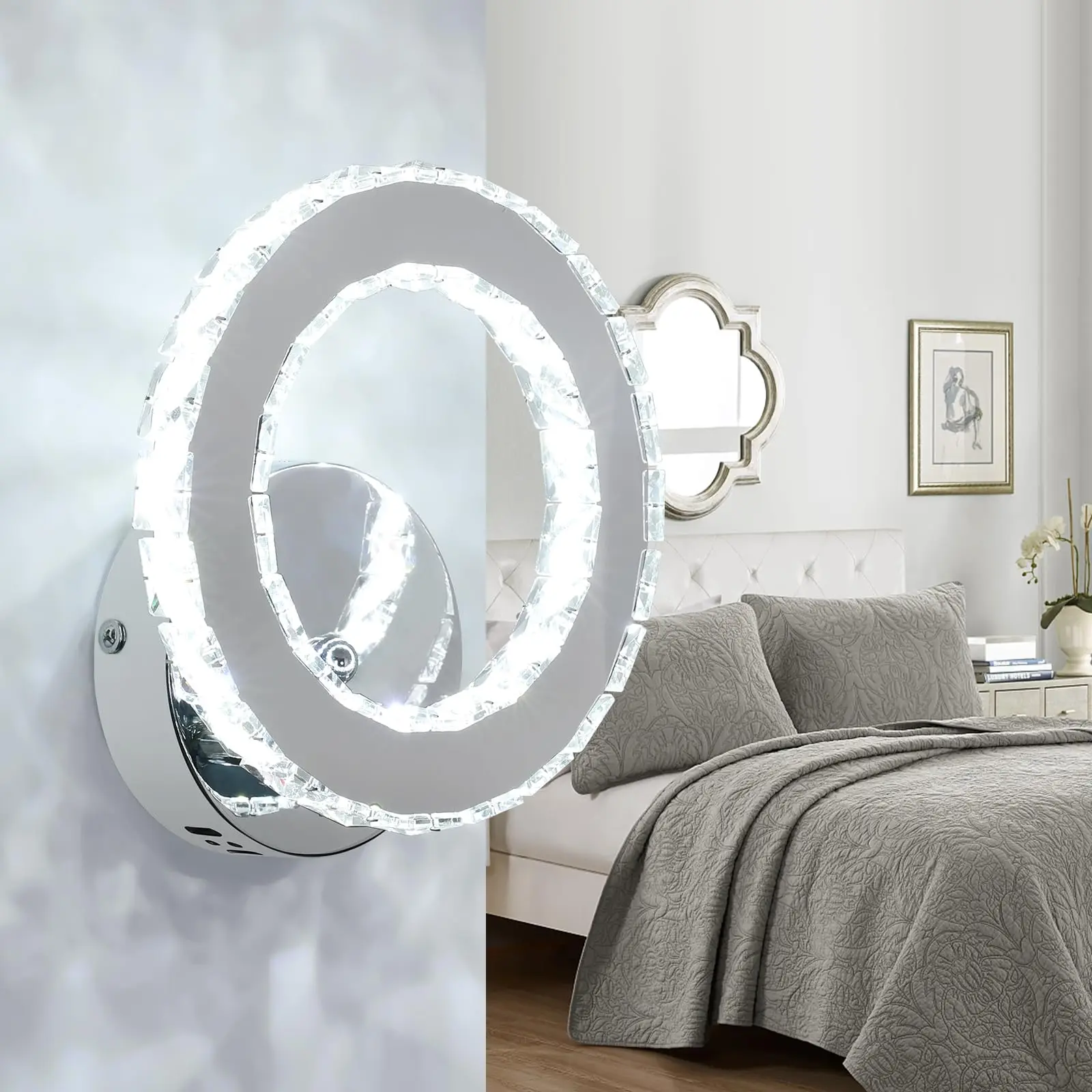 Modern Crystal Wall Sconce, Elegant 6500K Chrome Vanity Wall Light Fixture for Bathroom, Bedroom, Living Room, Hallway, and Door