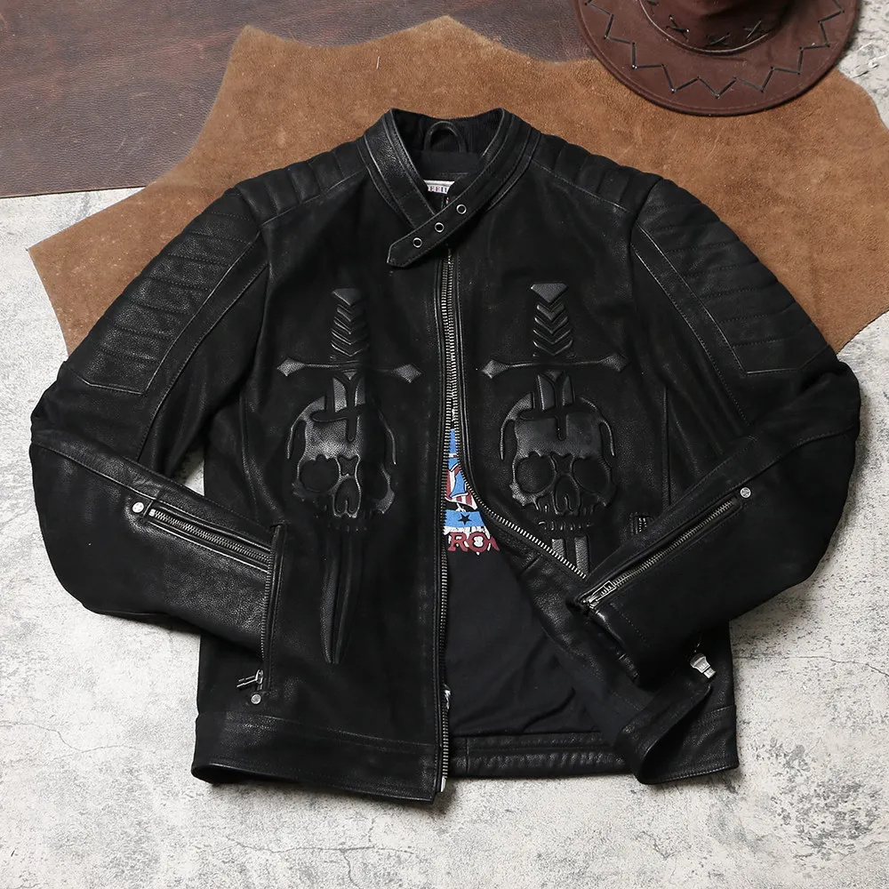 Dark Skull Biker Genuine Leather Jacket, Washed Matte Cowhide Genuine Motorcycle Riding Coat Men Outerwear