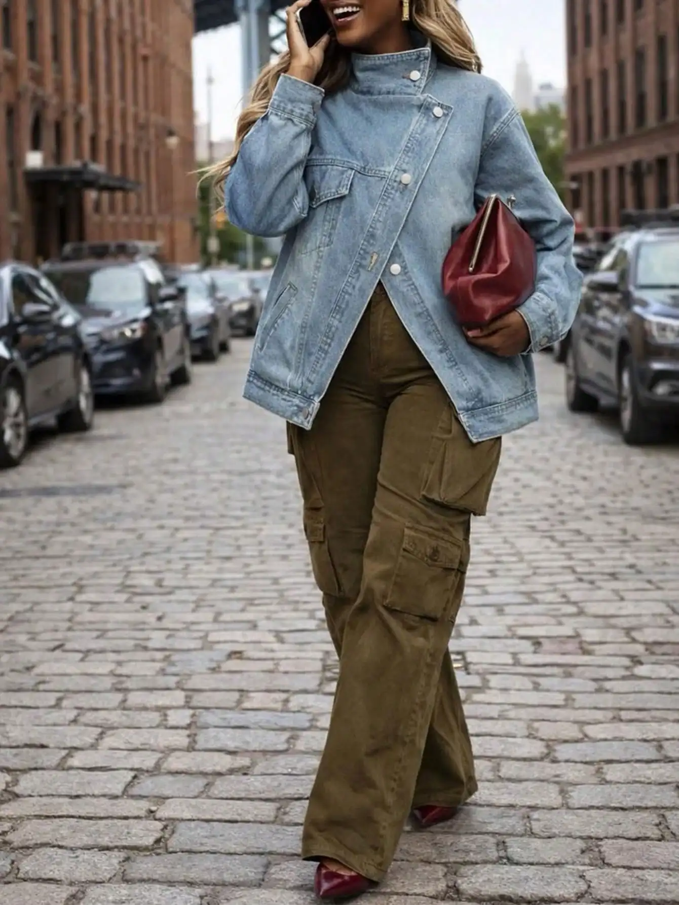 

Women's Asymmetrical Denim Jacket with Multiple Pockets, Loose Fit Vintage Blue Jean Coat for Streetwear