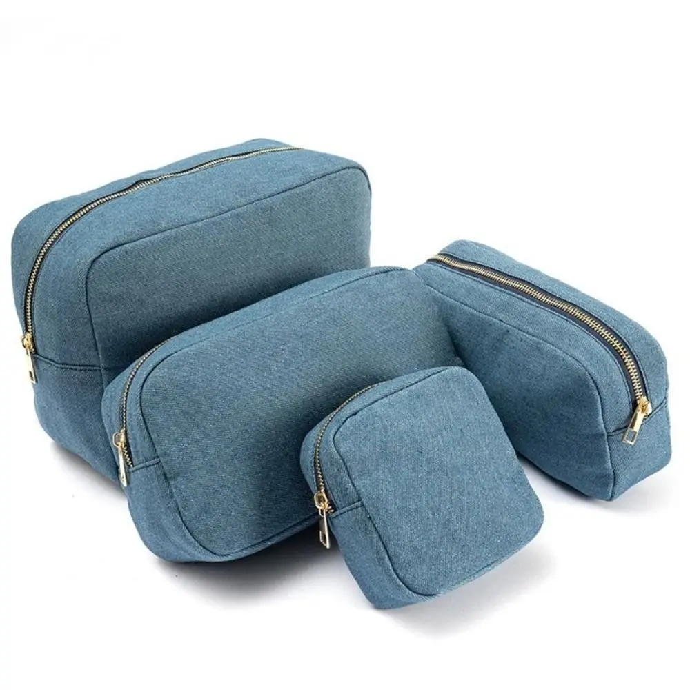 

4 Sizes Blue Denim Cosmetic Pouch Vintage with Zipper Jean Toiletry Case Stationery Organizer Solid Color Ladies Makeup Bag