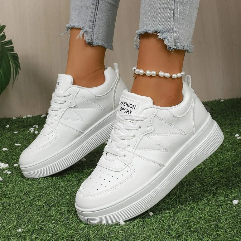 Women's Platform Sneakers Round Toe Chunky Lace-Up Casual Shoes Perforated Smooth Surface Finish Daily Outdoor Walking Footwear view 2