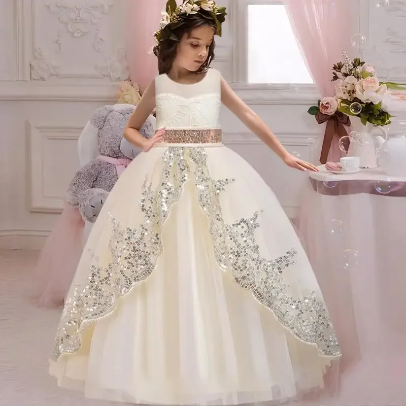 3-10 Years Children's Dress Embroidered Bow Lace Wedding Bridesmaid Dress Girl Princess Dress Girl Birthday Party Evening Dress