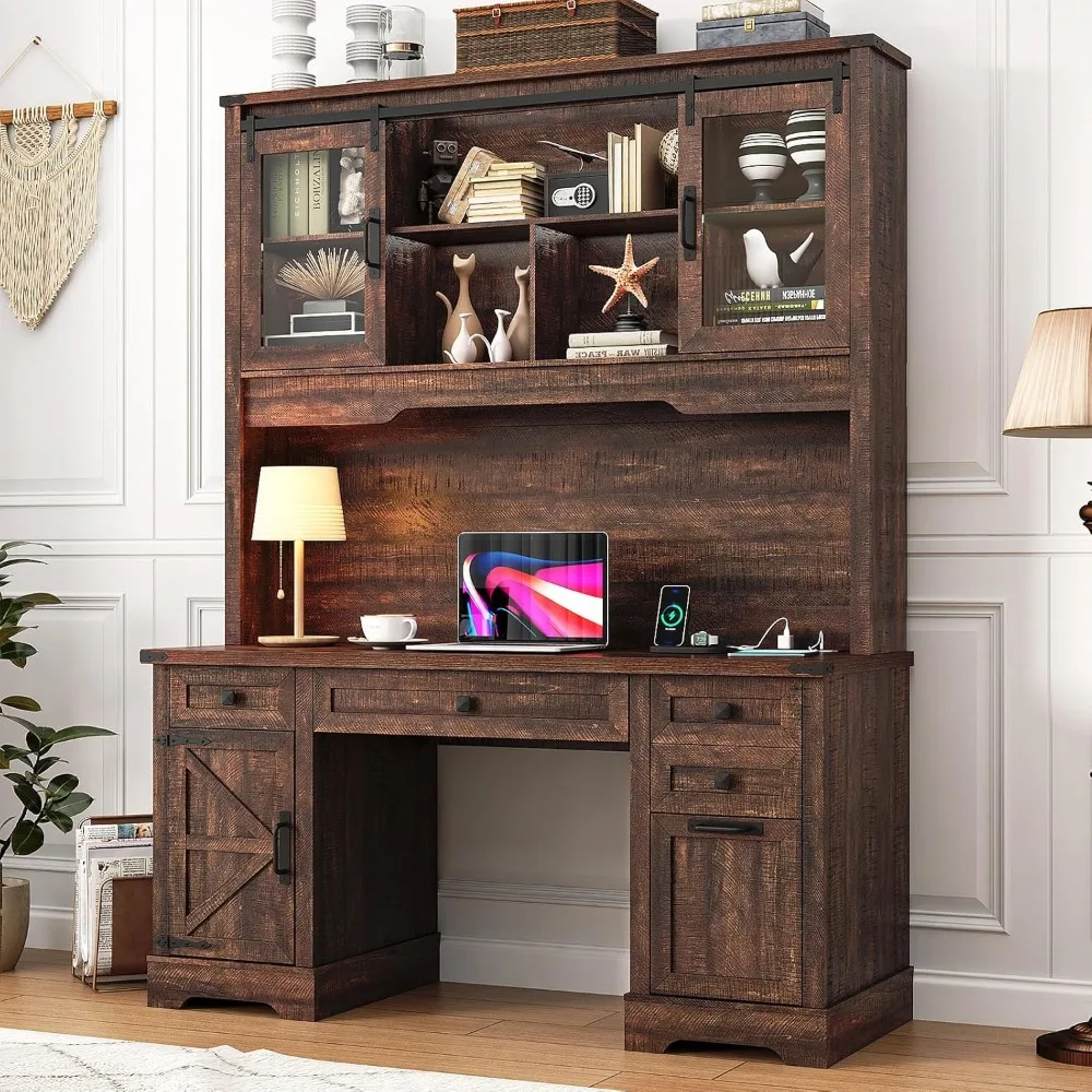 

76 Height Farmhouse Desk with Sliding Door Hutch, Wood Office Executive Workstation Computer Desk with Charging Station, Drawers