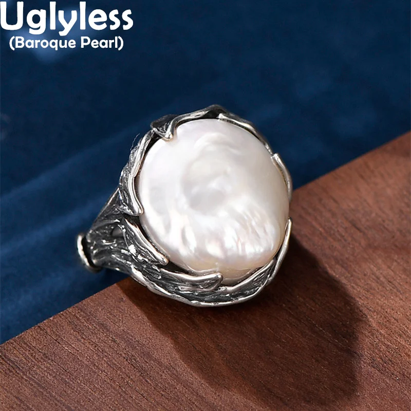 Uglyless Thai Silver Leaves Exaggerated Big Baroque Pearls Rings for Women Natural Pearls Jewelry 925 Silver Personalized Rings