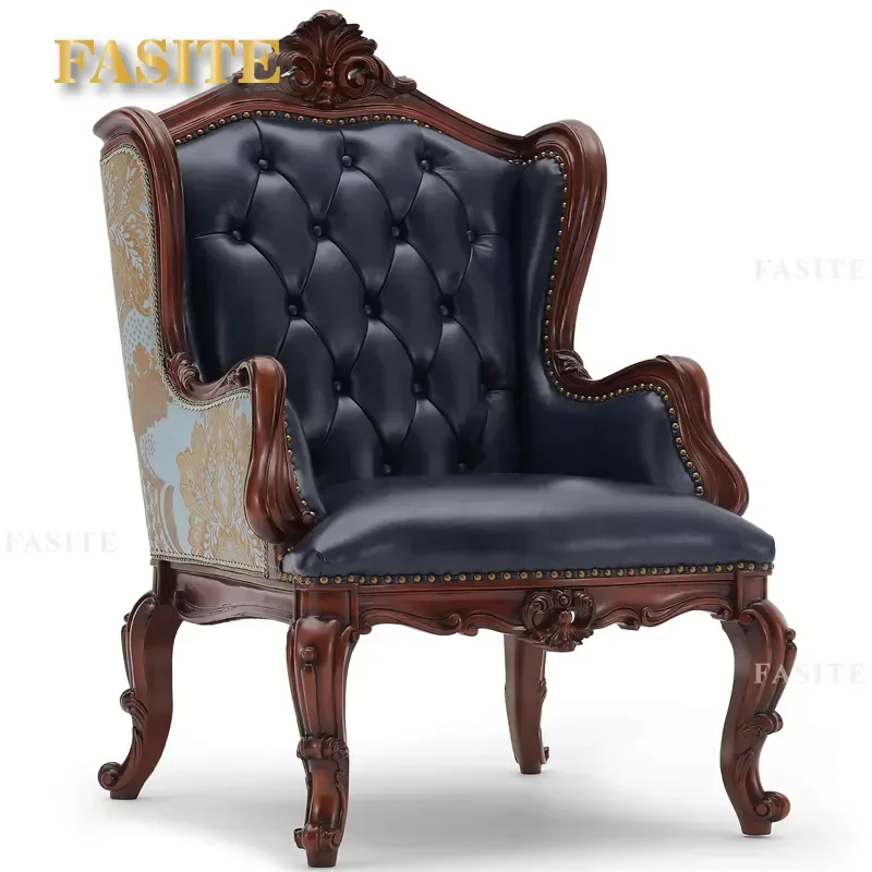 Carved Solid Wooden Genuine Leather Office Sofa Chair With Armrests European Style Luxury Study Room Furniture Set