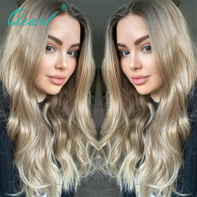 Warme Ashy Blonde Volle Spitze Perücke Brasilianische Menschliches Haar Perücken Unsichtbare HD Transparent Spitze Frontal Perücke Lose Welle Glueless QEarl