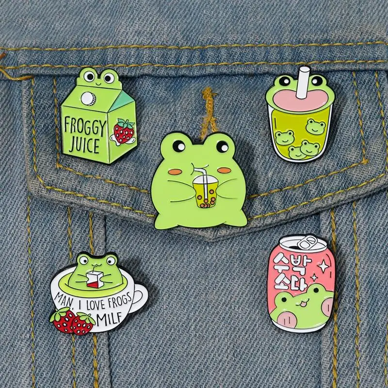 Froggy Enamel Pins Custom Cute Frog Coffee Mug Milk Juice Can Brooches Lapel Badges Animal Jewelry Gift for Kids Friends