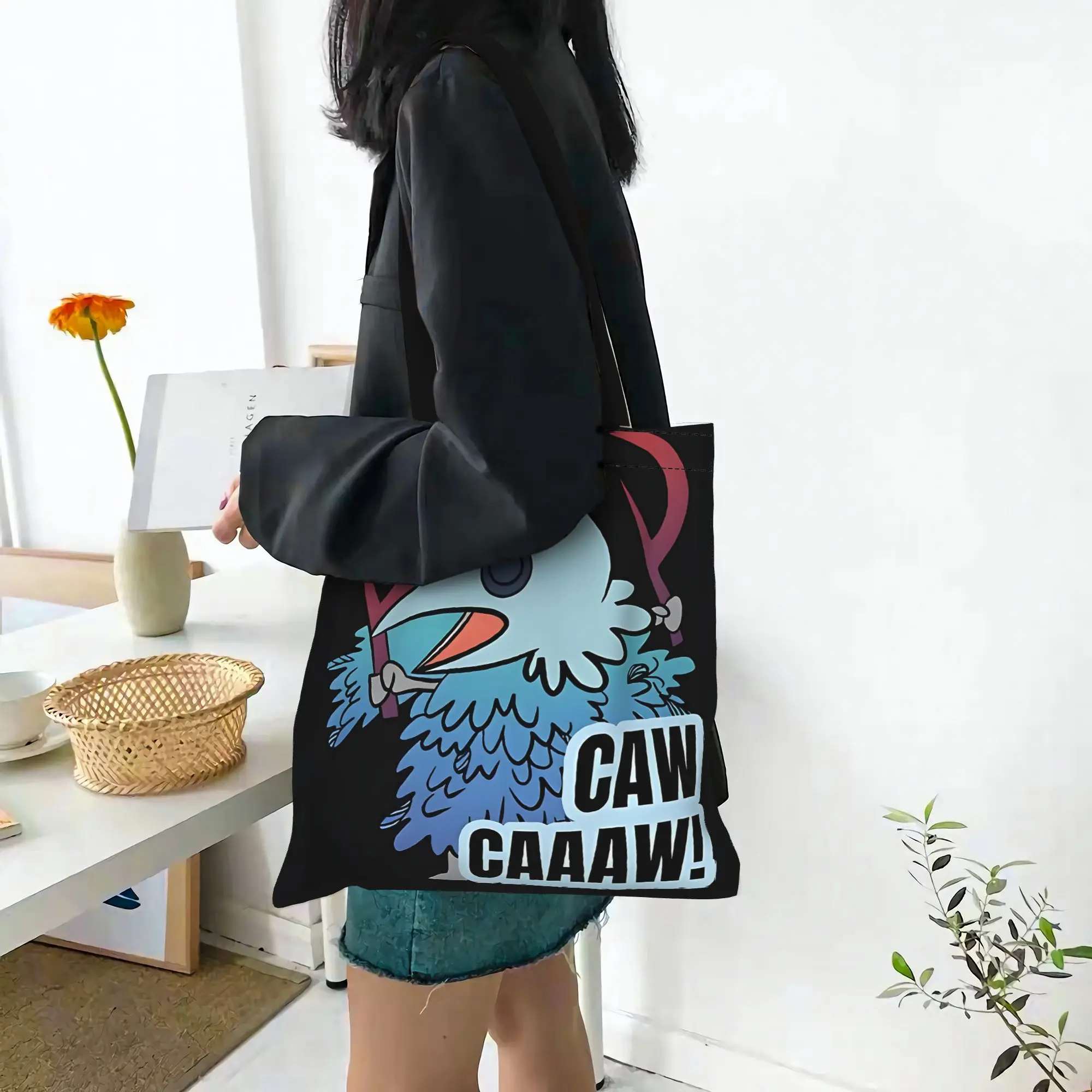 

Холщовая сумка-тоут для женщин 2026 Shopping Bags, дизайн «Первый день в школе» с изображением птицы Caw Caaaw, сумка через плечо