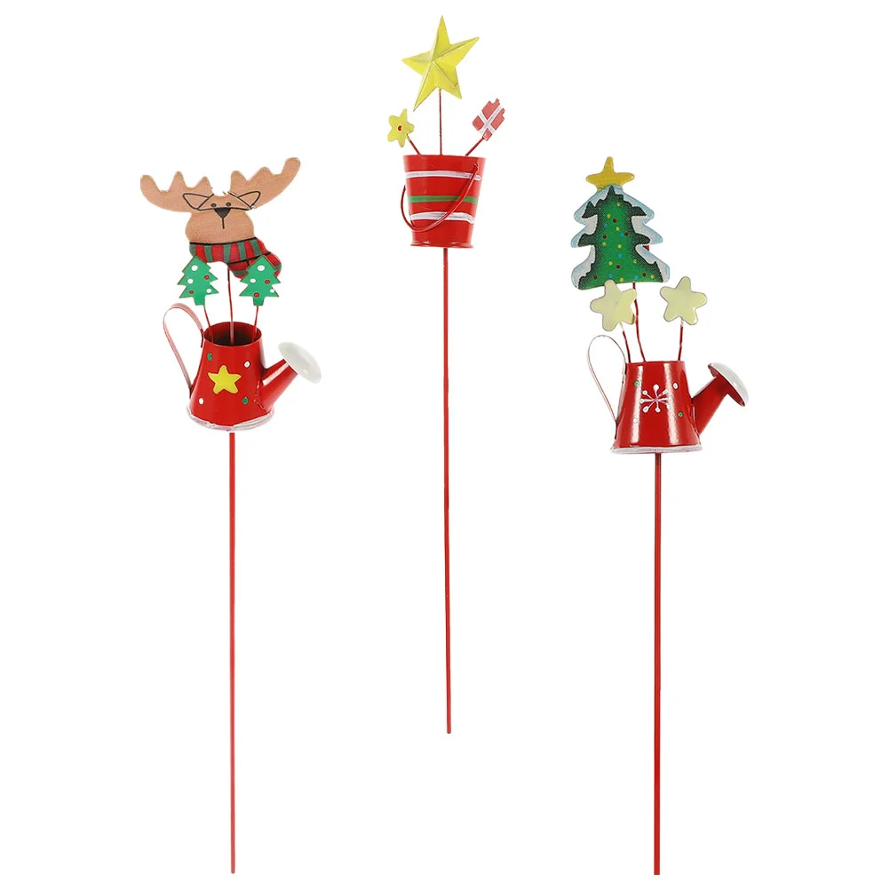 

3pcs Christmas Garden Stake Flower Pot Sign Metal Xmas Kettle Stake Christmas Ornament Planter Decoration