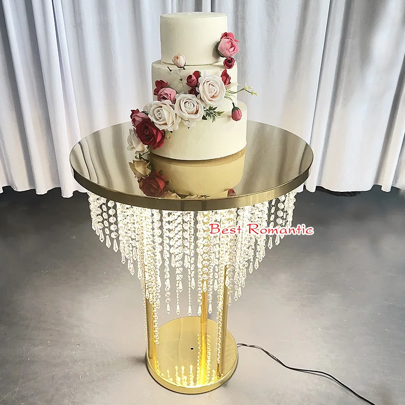 new crystal bead curtain cake dining  wedding decoration storage  stainless steel table with light