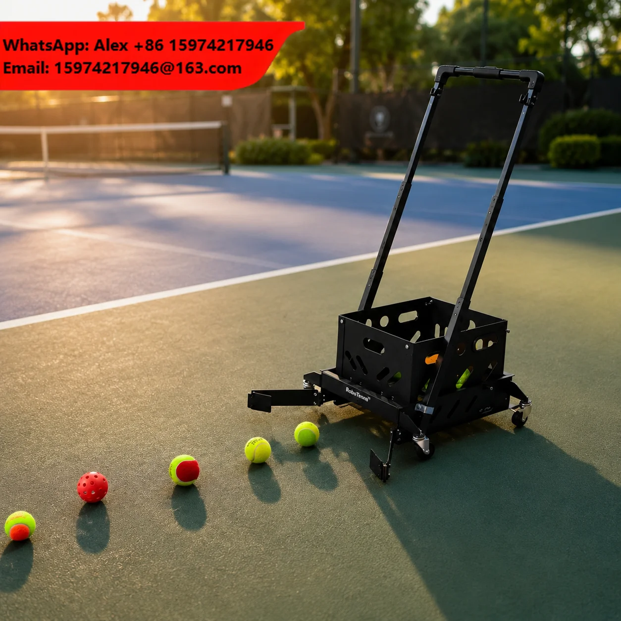 Tennis Pickleball Ball Collector Cart, Rolling Pickup Basket, Foldable Handle, Adjustable Height, 4 Swivel Wheels For Training