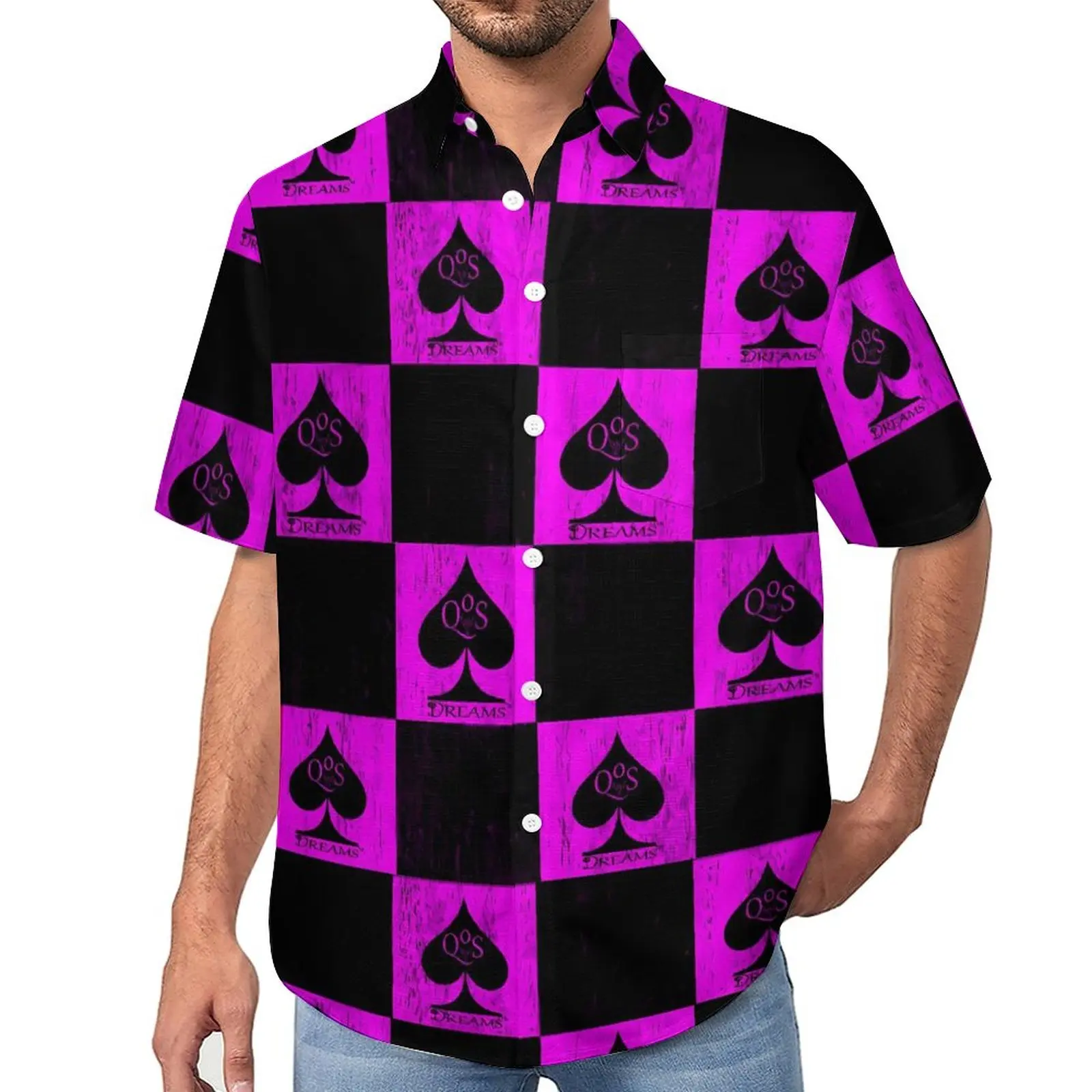 

Queen of Spades Vacation Shirt Pink Checkers Summer Casual Shirts Men Fashion Blouses Short Sleeve Graphic Clothes Big Size 4XL