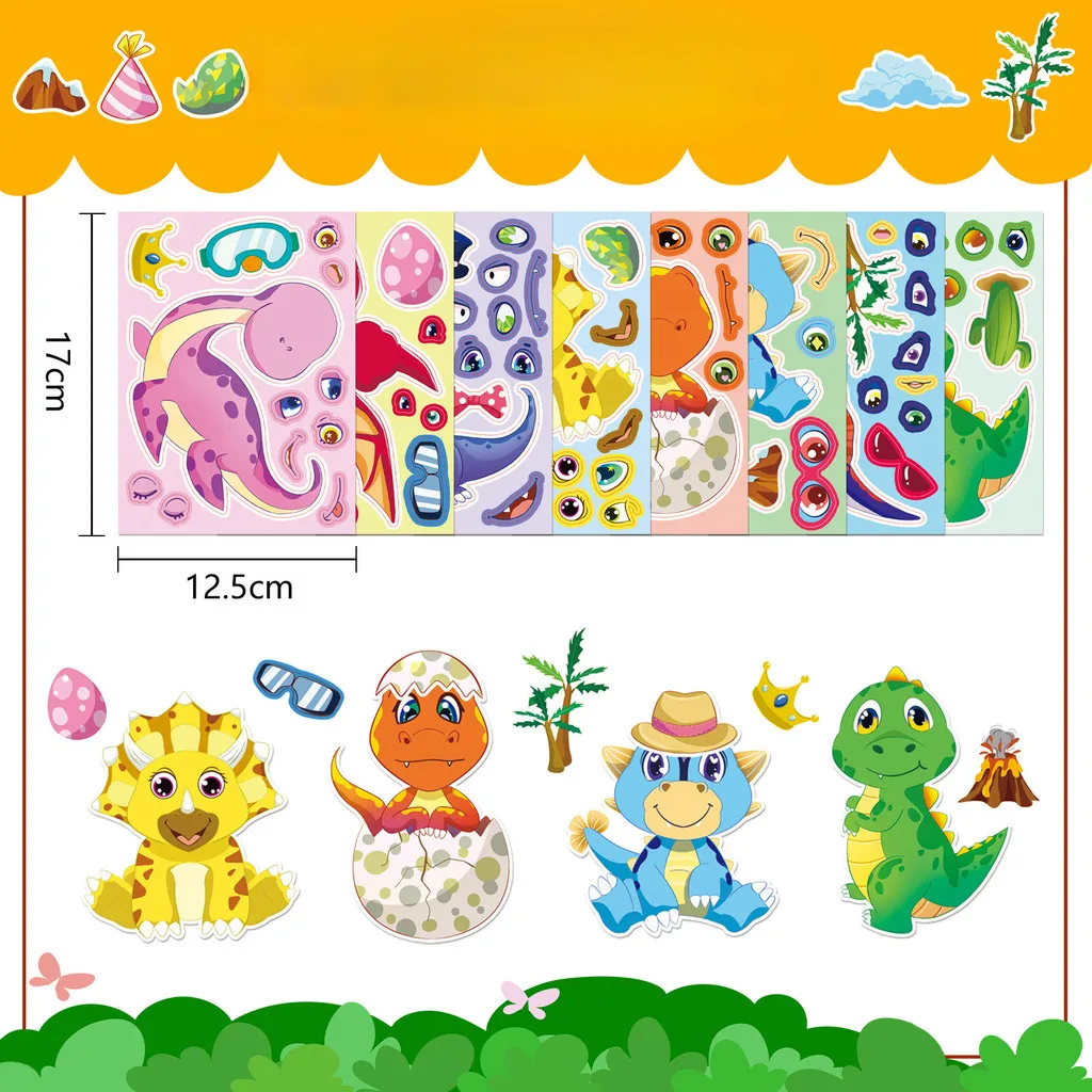 8 قطع من ملصقات ألغاز الديناصورات - شارات تعليمية إبداعية تفاعلية بين الوالدين والطفل "صنع وجه" (متجر عوالم الرسوم المتحركة)