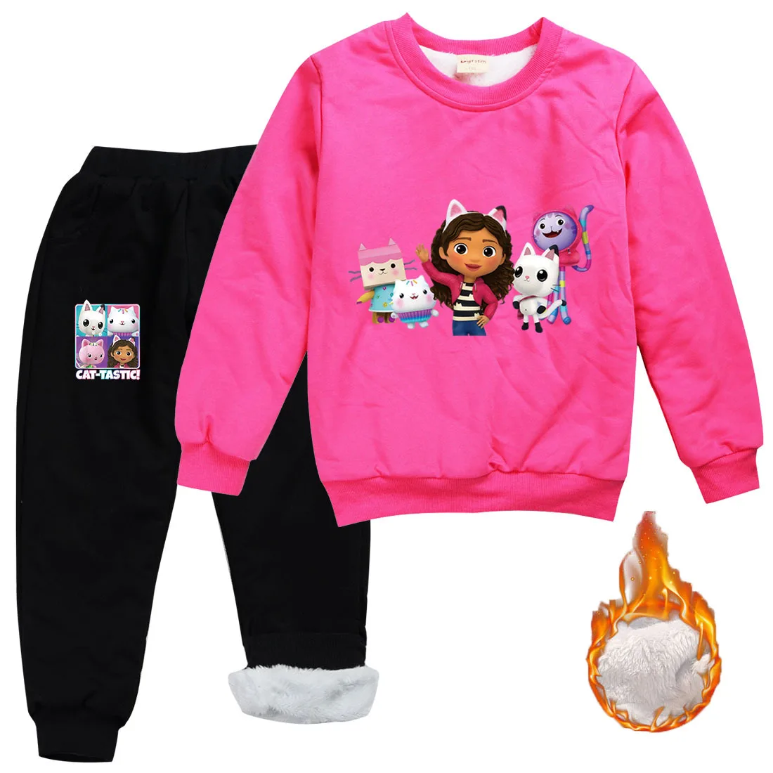 New Gabby Doolhouse Clothes Kids Gabys Chat Hoodie Baby Girls Winter Plush Warm Thicken Fleece Line Sweatshirt + Pants 2Pcs Suit