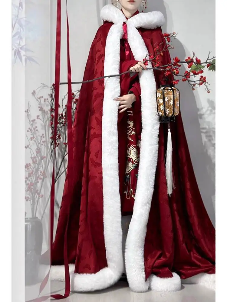 

Красная накидка для невесты Xiuhe в китайском стиле, древний костюм, плащ ханьфу для женщин, осень-зима, длинная утолщенная шаль с флисовым воротником