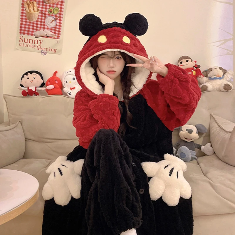 Mickey Cute Cartoon Dress Up Pajamas Coral Fleece Warm And Cute Hooded Nightgown Flannel Casual Home Suit Set Birthday Gift