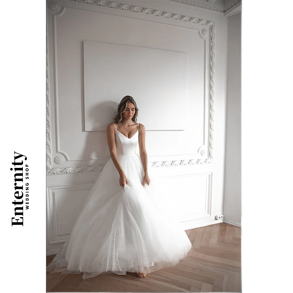 Vestidos de casamento simples personalizados, glitter, tule, decote em v, vestidos femininos, alças espaguete, cetim, vestidos de noiva para mujer