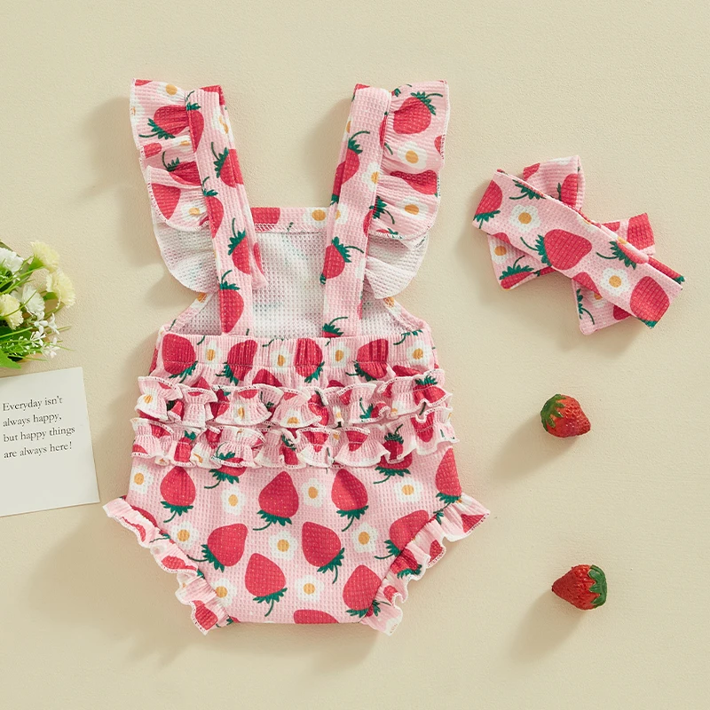 2024-01-03 Lioraitiin Infant Baby Girls Summer Romper Strawberry Flower Cherry Print Fly Sleeve Jumpsuit Cute Casual Clothes