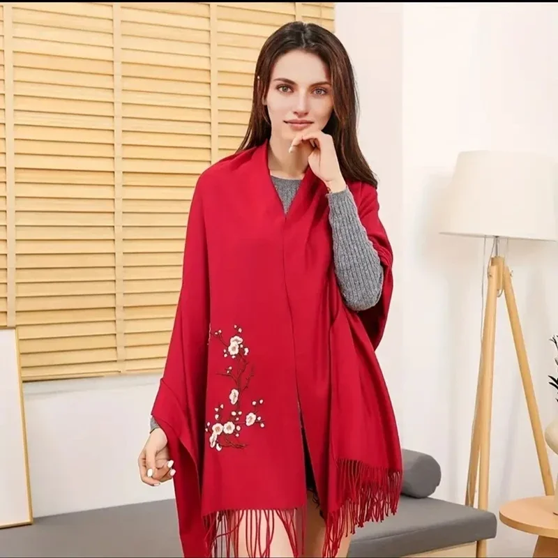 

Fashion Imitation Cashmere Scarf Embroidered Tassel Shawl Autumn Winter Warm Pashmina For Women Wraps Neck Protection 200*70cm