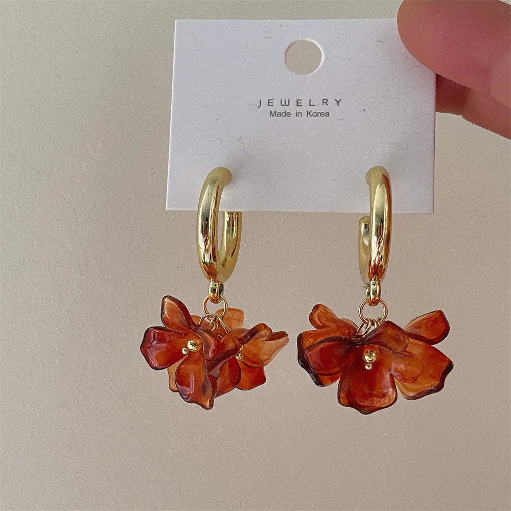 الكورية الفرنسية خمر الاكريليك مصبوغ زهرة قطرة C على شكل أقراط مزاجه الحلو مجوهرات للنساء هدايا مهرجان الحفلات #3