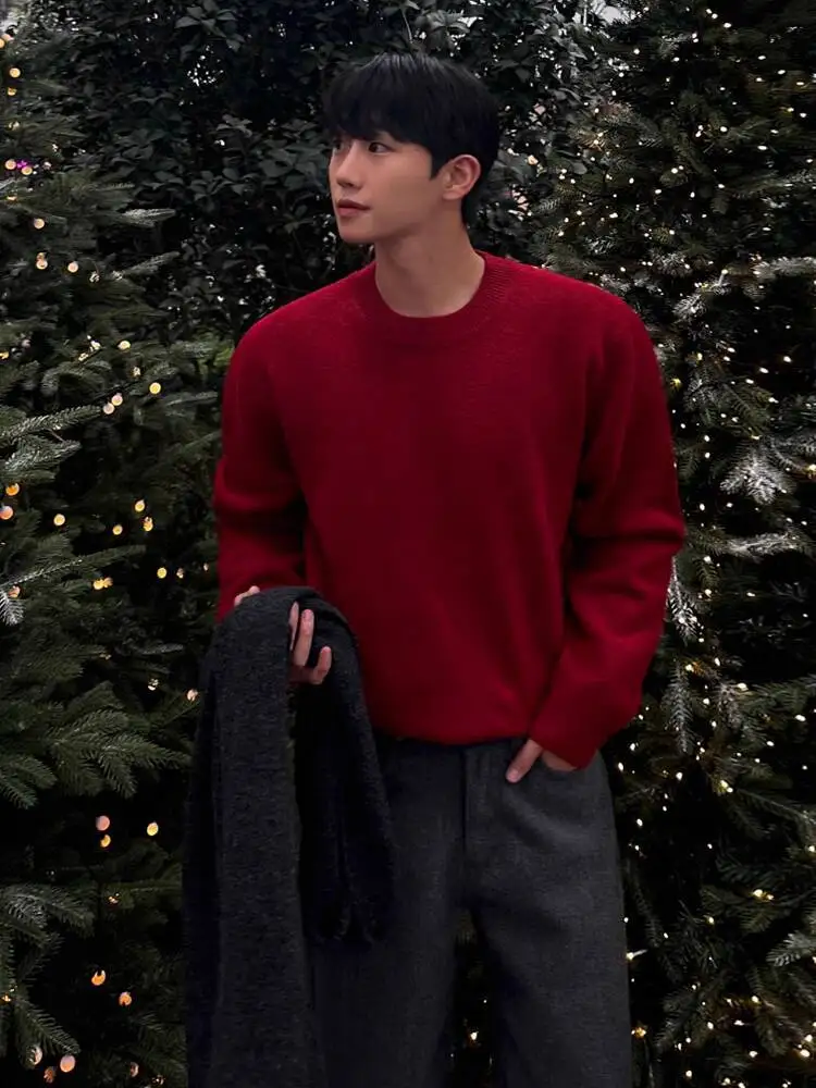 

SYUHGFA 2025 Winter Niche Design Men's Sweaters Round Collar Solid Color Thicken Knitting Tops Pullover Loose Male Clothing