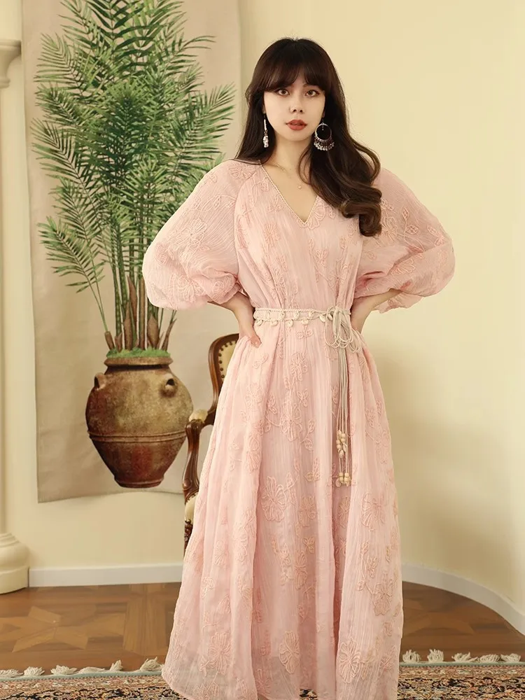 

102-110cm Bust Spring Summer Long Dresses For Women Vintage Elegant Sexy V-Neck Luxury Embroidery Loose Dress With Shell Belt