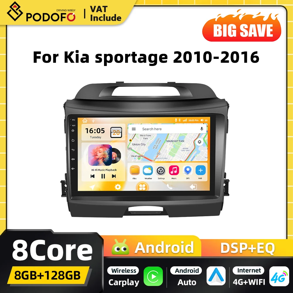 Autoradio multimediale Podofo 8+128G Carplay 2DIN Android per Kia Sportage 2010 2011-2016 con chip Qualcomm, GPS, 4G, WIFI, FM e RDS