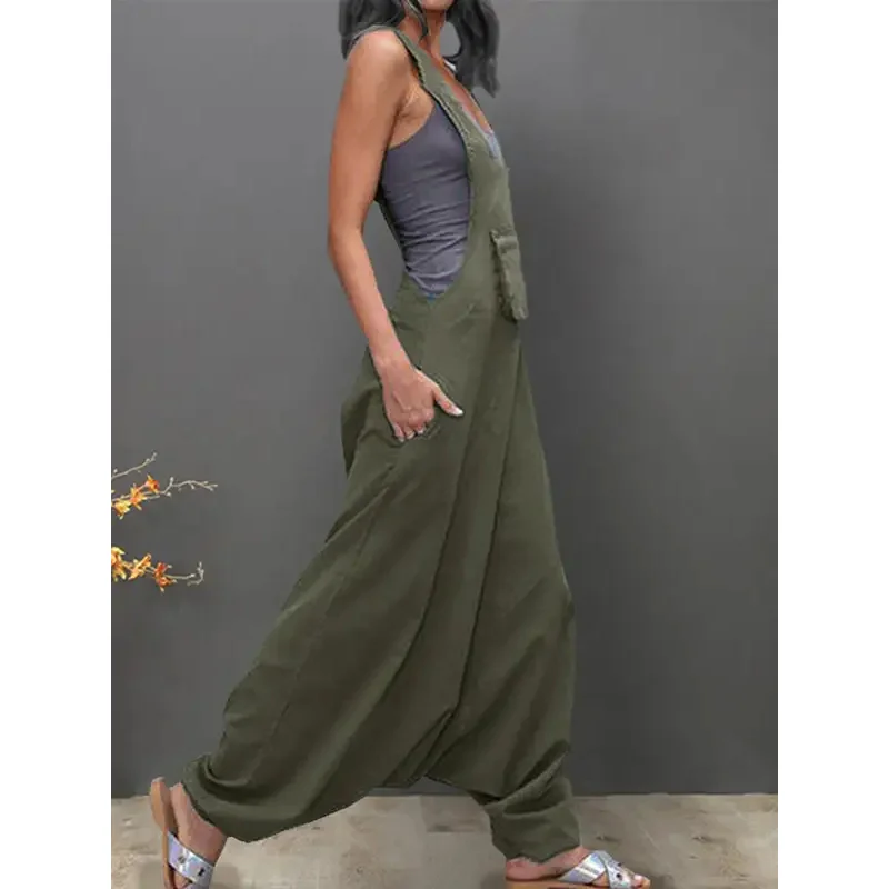 بذلة نسائية طويلة فضفاضة مكشوفة الظهر ، بلا أكمام ، جيوب جانبية ، رومبير فضفاض ، بنطلون حريم ، نحيف ، مقاس كبير ،