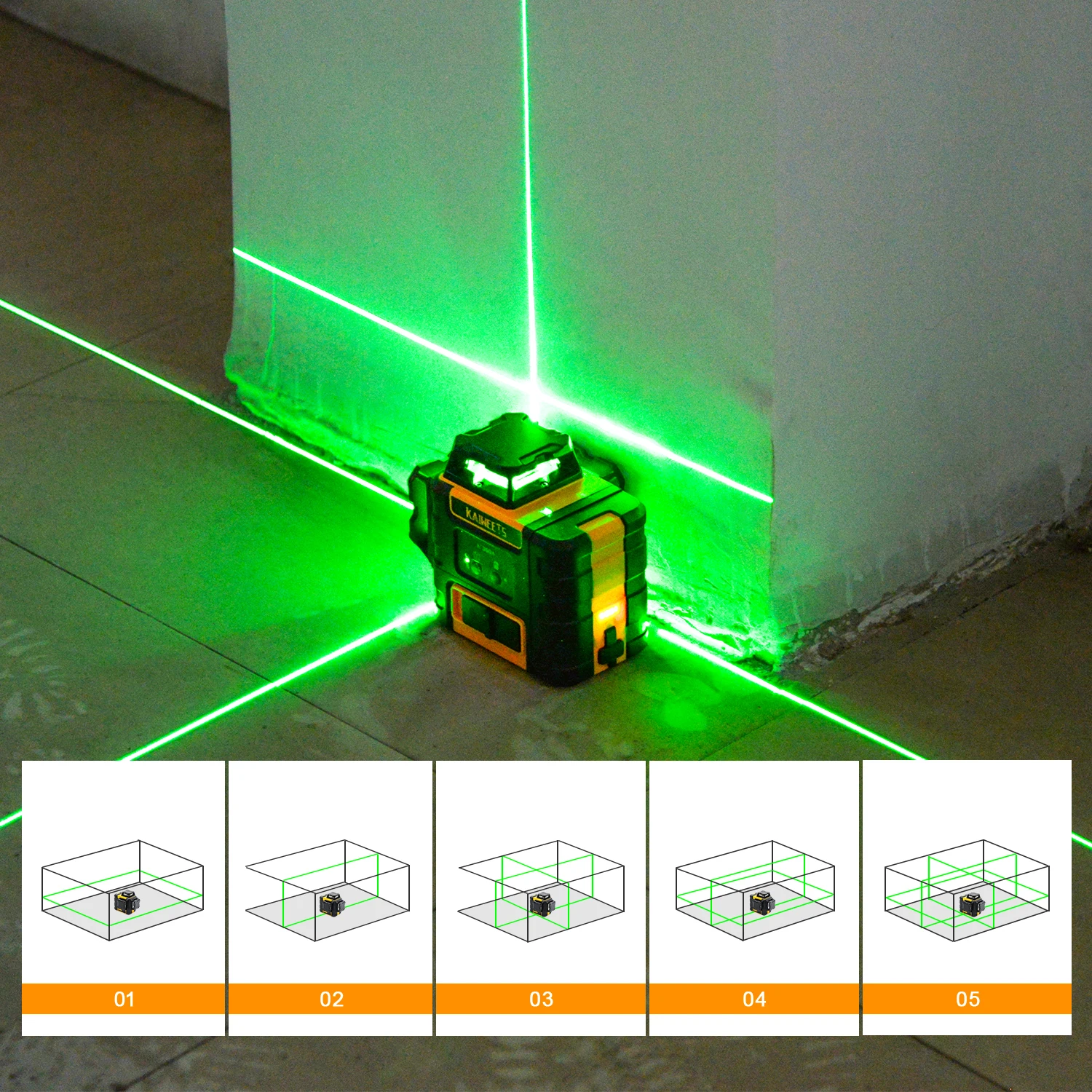 KAIWEETS KT360A 3D Cross Line Self-leveling Laser Level 360 Green Beam Three-Plane Leveling and Alignment Laser Tool