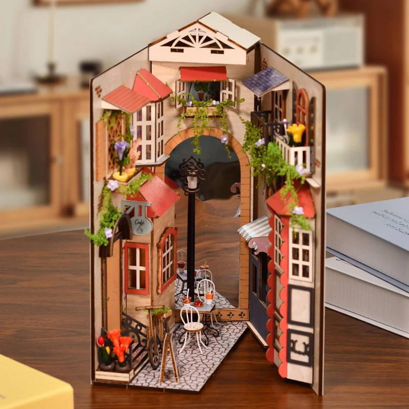 

DIY Wooden Paris Street View Book Nook Figurines Miniatures Bookend Handmade Bookshelf for Friends Xmas Gifts Home Decor Crafts