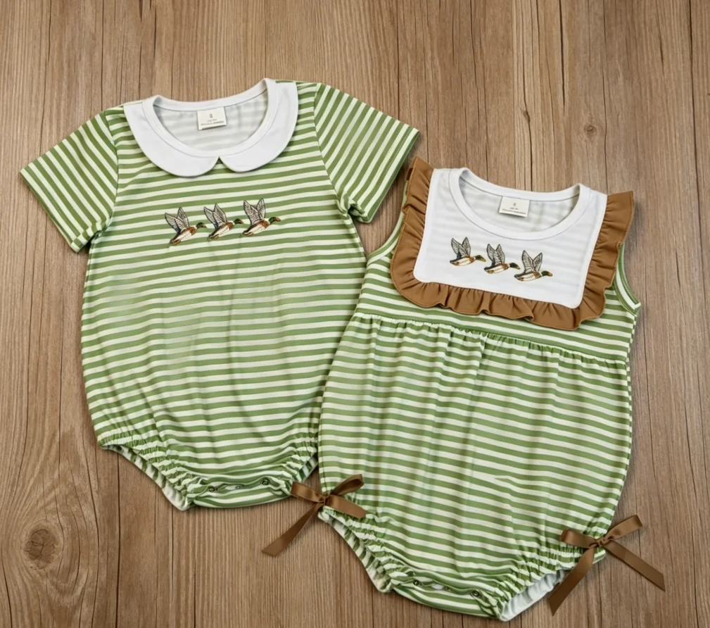 Wholesale Baby Boy Girl Embroidery Ducks Clothes Children Newborn Green Stripes Summer Bubble Rompers Toddler Kids Jumpsuit