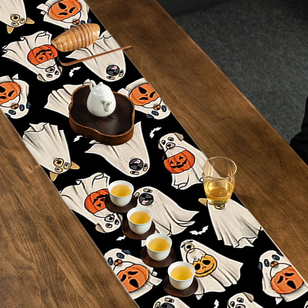 【Halloween Ghost Dog】Pumpkin Ghost Table Runner, Washable, Festive Celebration Dining Table Runner Decor