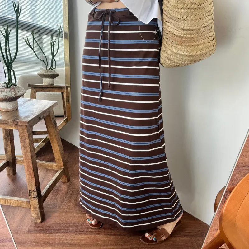 

High Waist Belted Knot Color Blo Striped Wrap around Long Skirt Korean Sle Commute f Body Skirt for Women