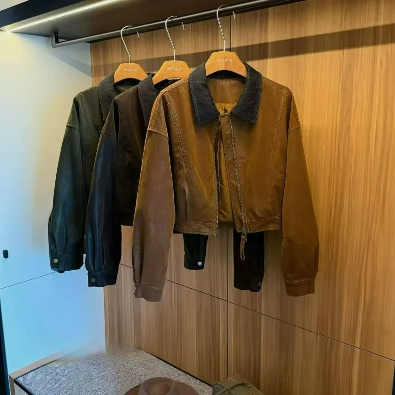 New Autumn Fashion Versatile Top for Petite Women Simple Jacket A High-end Retro Color-blocking Flocked Leather Jacket for Women