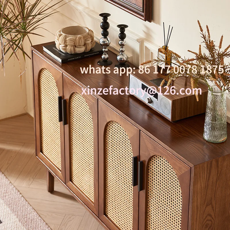Customizable Wind Solid Wood Rattan Dining Side Cabinet Four Door Storage Cabinet Bedroom Multi-function Storage Cabinet