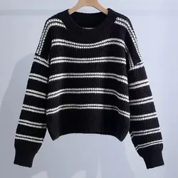 New Autumn/Winter Fashion Trend Stripe Color Matching Round Neck Short Versatile Loose Reducing Age Women's Knitted Sweater