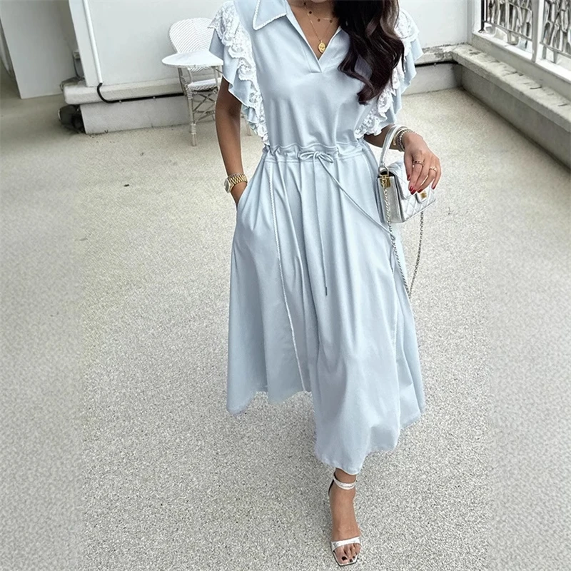 تنورة طويلة أنيقة من Ele Summer 2025 للسيدات من Dr Ruffle Splicing New Sle Commute Ort Sve بياقة على شكل حرف a...