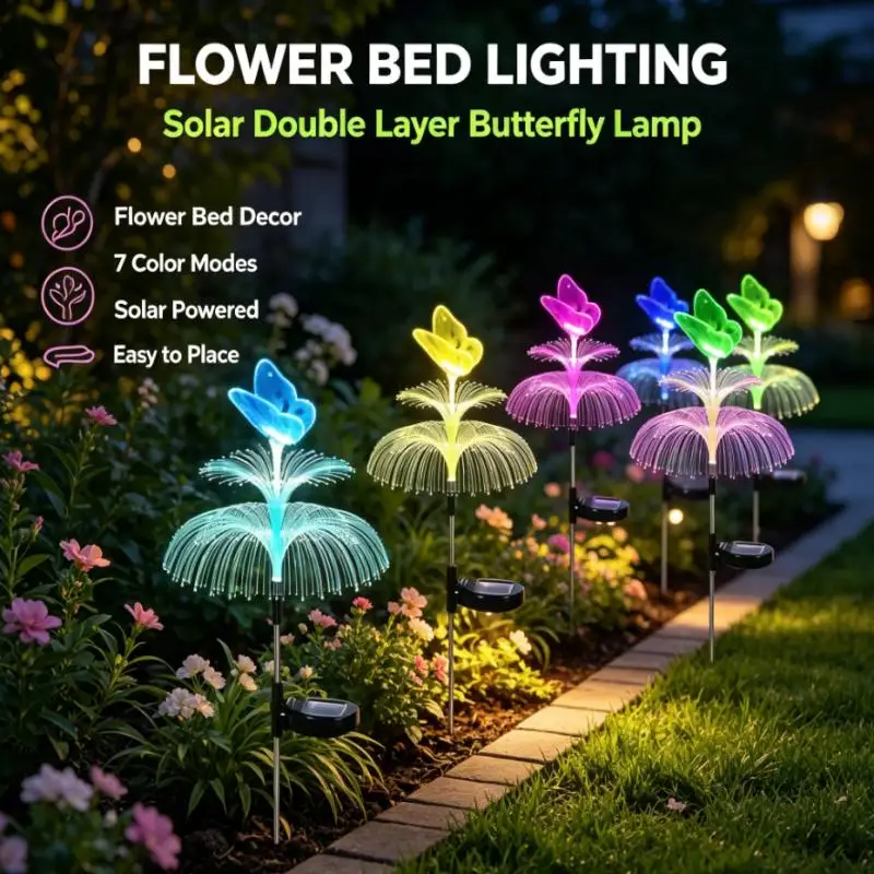 Butterfly Solar Garden Stake Lights Double Layer Fiber Optic Fountain with 7 Colors for Outdoor Path Lawn Yard Decoration
