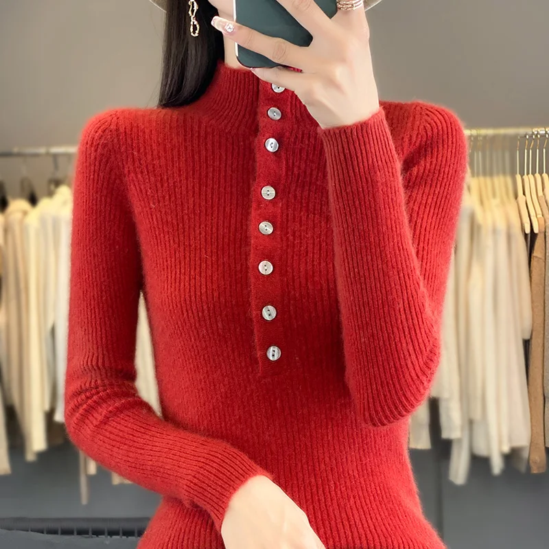 Autumn/Winter new women's sweater 100% Merino cashmere half-turtleneck pullover Fashion slim draw strip warm base knit shirt