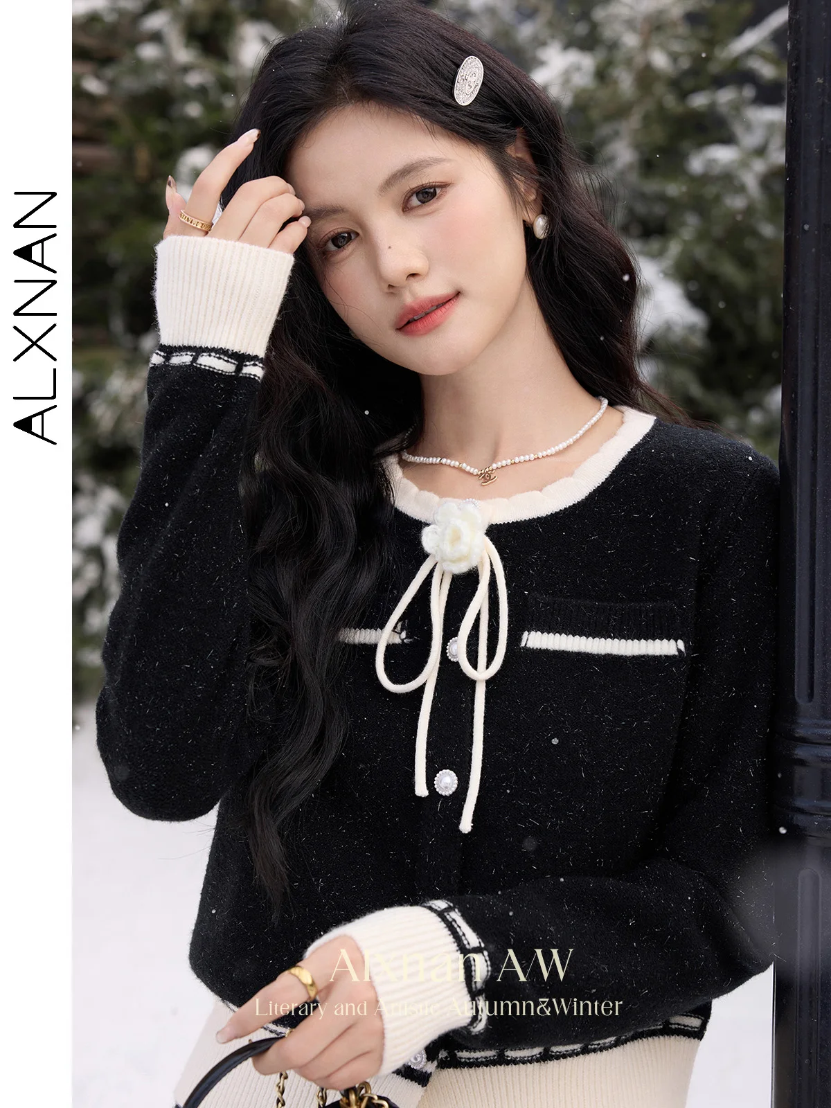 ALXNAN Plus Size Sweaters for Women O-neck Three-dimensional Flower Patchwork Cuff&hem Cardigans Fall Winter Knitted Tops D08755