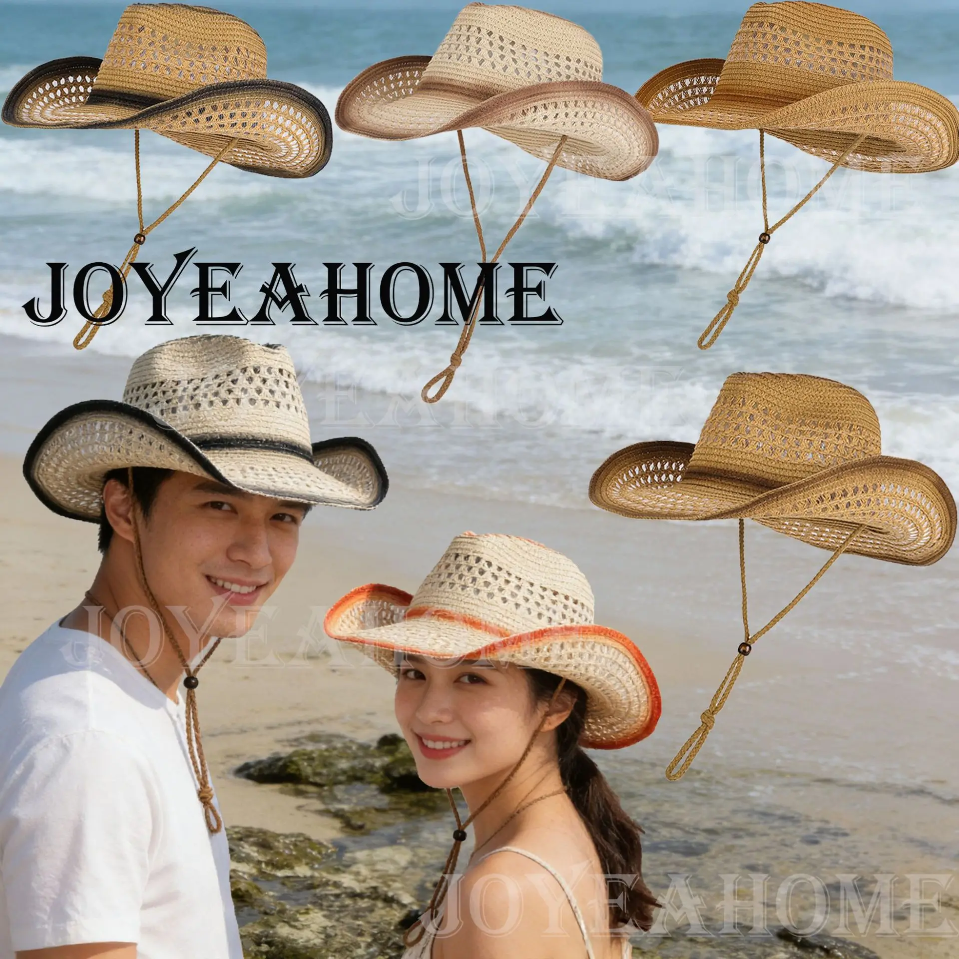 2026 Hot Sale Hollow Straw Cowboy Hat, Breathable Gradient Color Western Hat with Wind Rope, Women's Beach Sunscreen Hat