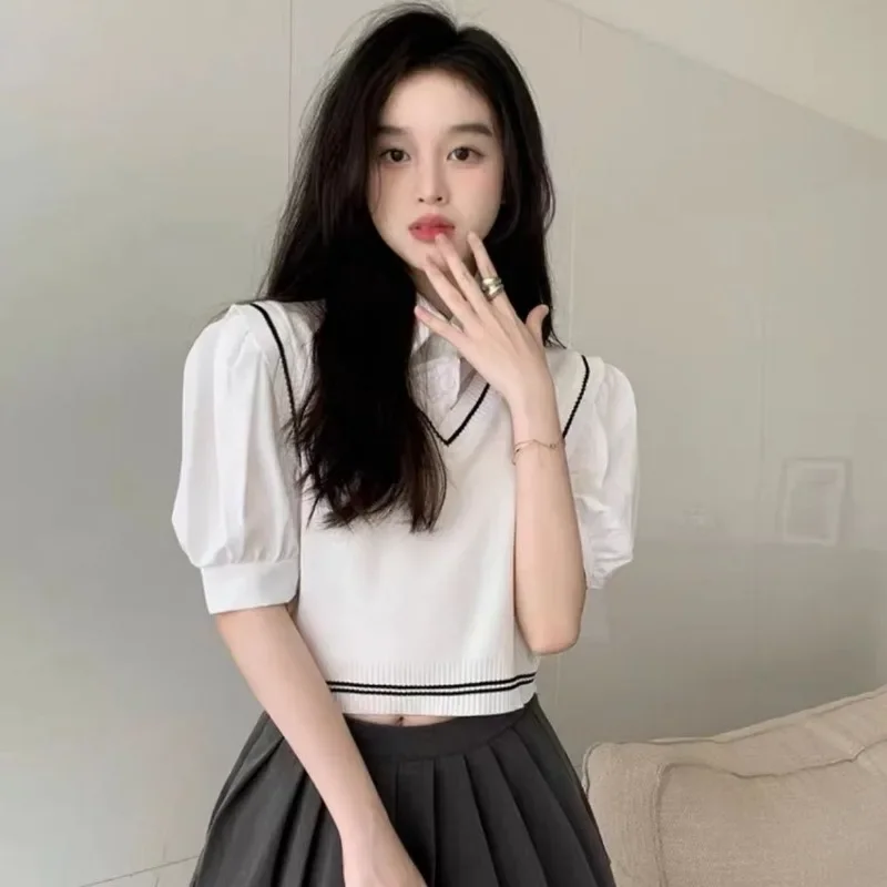 Crop Sweater Vest Women Vintage Slim Preppy Style Tender Panelled Girlish Fashion Sleeveless Knitted Ulzzang Casual Soft Mujer