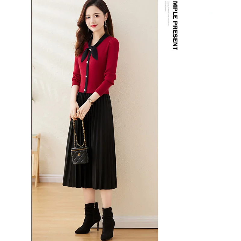 

Women Clothing Fashion Temperament Bow Soft Wool Knitted Dress Autumn Winter Vintage Elegant Commute Sweater & Skirt