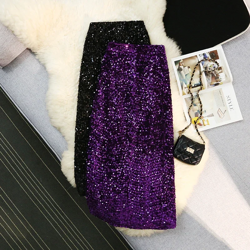 Seoulish Autumn Winter Velvet High Waist Sequined Women\'s Wrap A-Line Skirts 2024 New Elegant Back Split Pencil Skirts Female