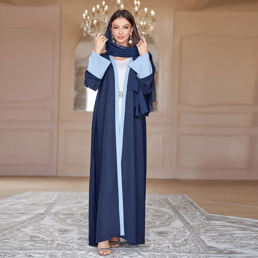 FC-100304 autumn new fashion 2023 Muslim patchwork sleeve cardigan robe with headscarf