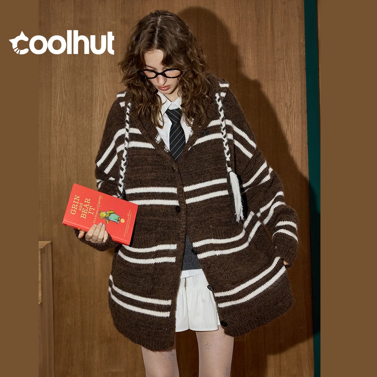 

COOLHUT, новинка, винтажный женский вязаный уютный кардиган с капюшоном, полосатый цветной блок, большие размеры, мягкое повседневное осеннее пальто с длинными рукавами