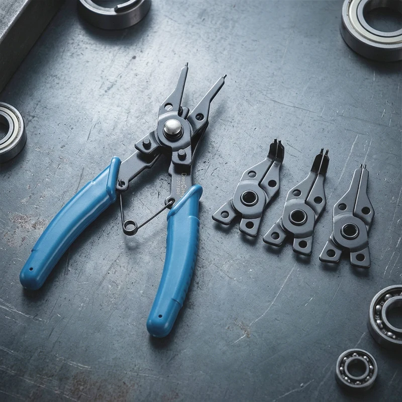 

Набор плоскогубцев для стопорных колец 5-в-1, 6 дюймов, сталь 65Mn, 4 сменных насадки, для внутренних и внешних стопорных колец, удобная рукоятка, ручной инструмент